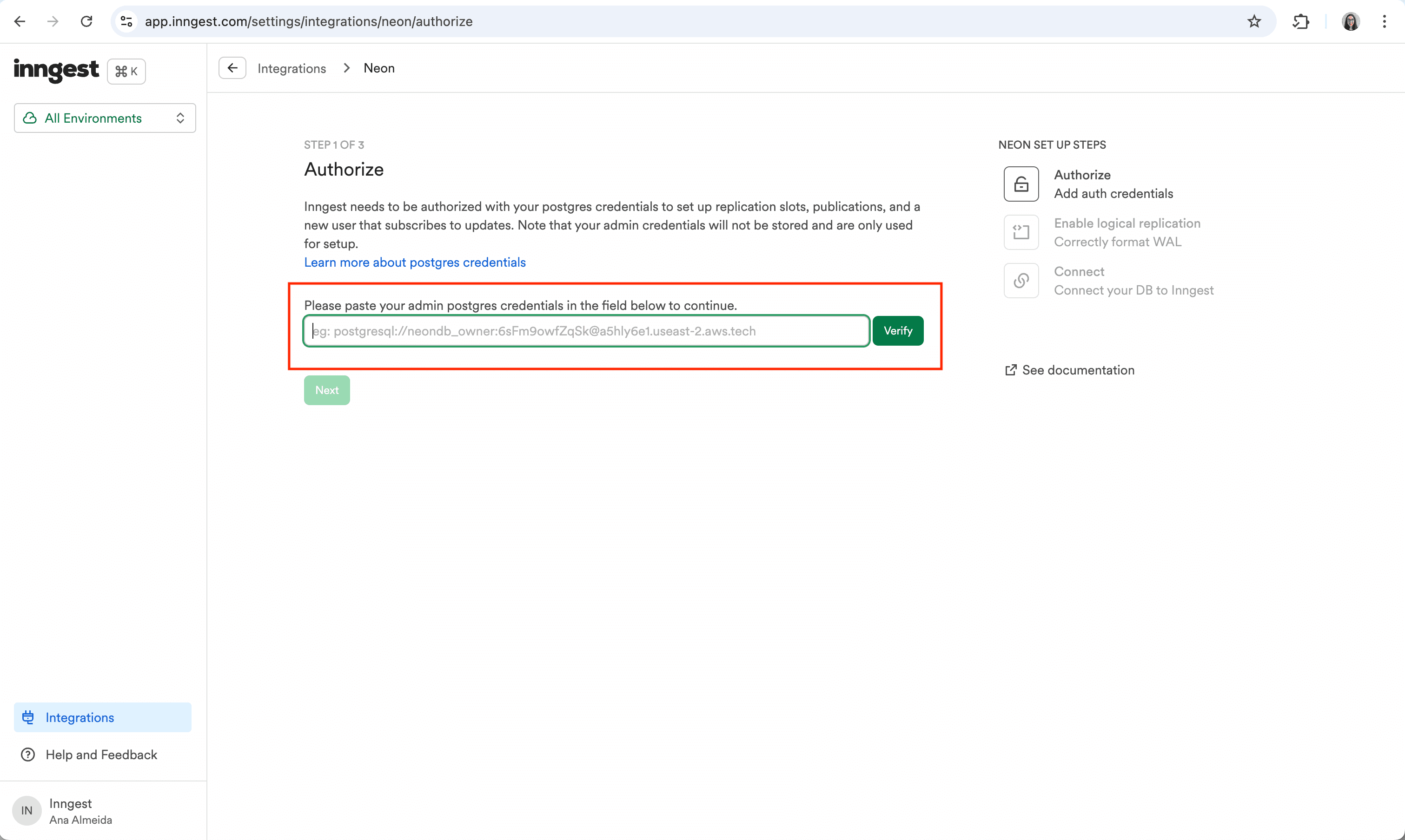 Neon authorization step inside the Inngest integrations page