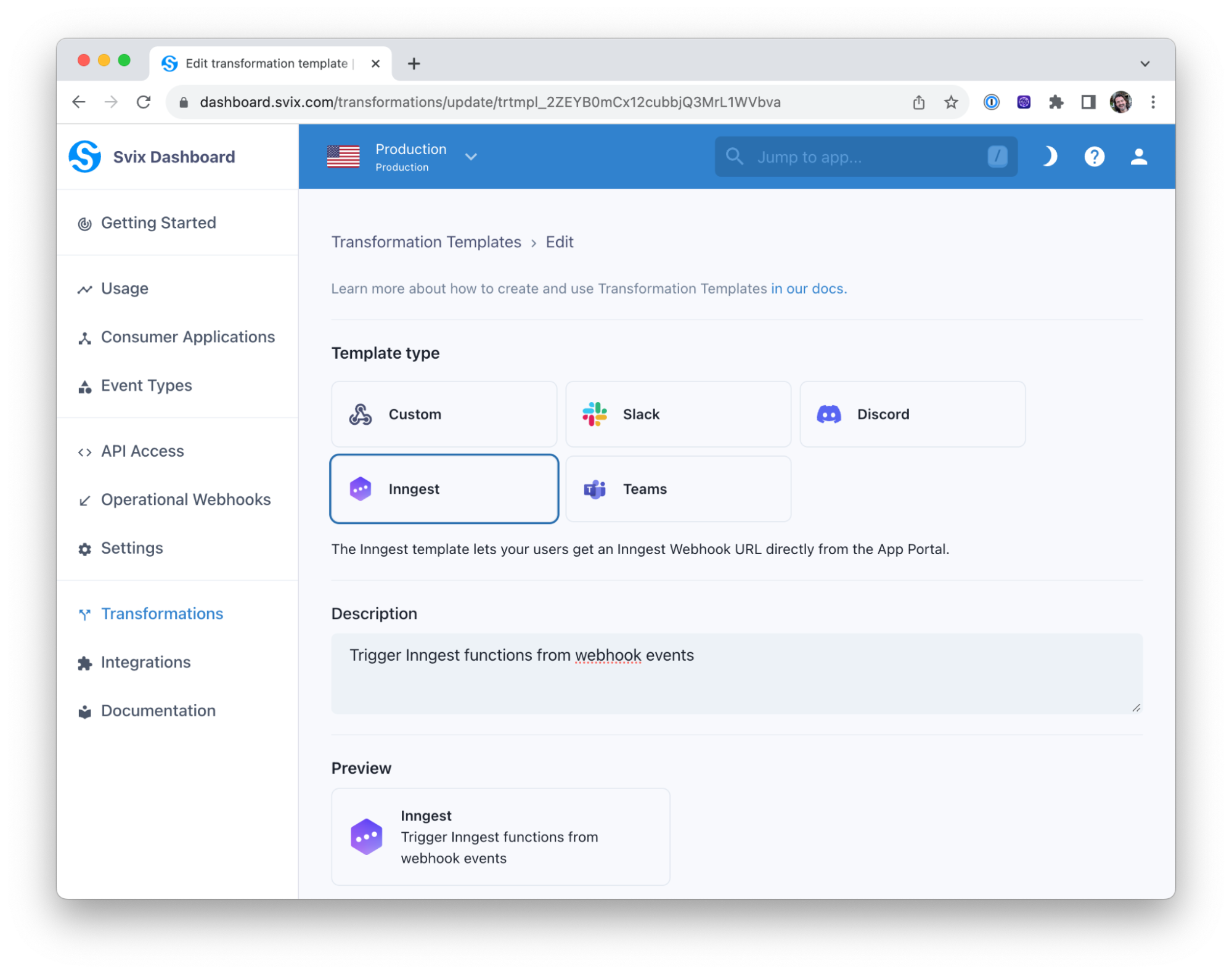 The Svix mangement dashboard showing how to set up the Inngest transformation template